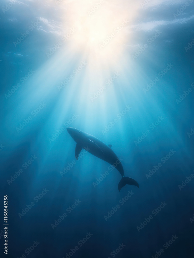 Fototapeta premium majestic whale swims gracefully beneath shimmering ocean surface, illuminated by sunlight