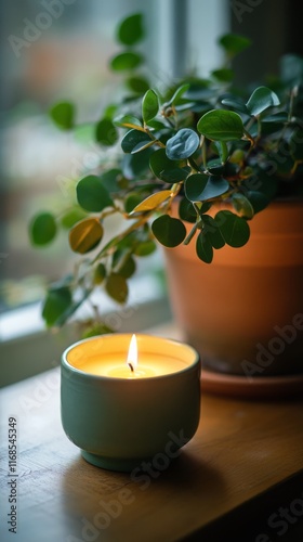 Warm candlelight illuminating a cozy interior with greenery during daylight
