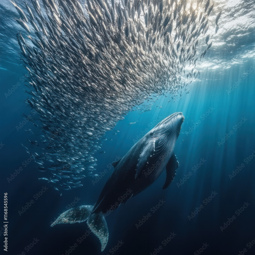 Fototapeta premium majestic whale swimming beneath school of fish in deep blue water