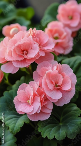 Beautiful pink flowers blooming among lush green leaves in a serene garden se...