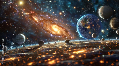 Galaxy in space. Space nebula galaxy planet and star. Nebula and galaxies in space. Abstract cosmos background. Surreal cosmic landscape with floating planets and vibrant galaxies.
