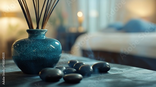 Relaxing interior with incense and stones creating a calming atmosphere in a ...