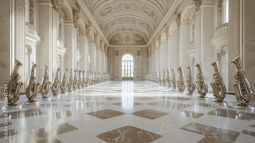 Grand Hall Symphony: An ethereal symphony of silver saxophones arranged in a grand hall with intricate marble floors and a single window bathing the space in golden light.