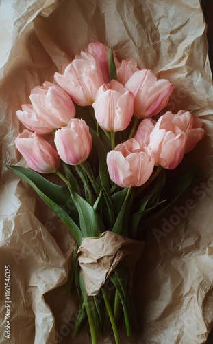 Beautiful bouquet of pink tulips wrapped in kraft paper on rustic wooden table