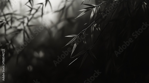 Bamboo leaves illuminated by soft light in dark environment during evening hours