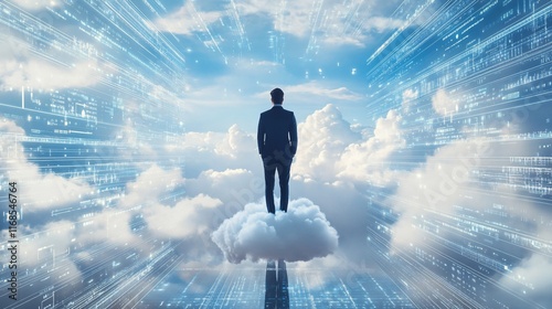 A figure stands on a cloud amidst a digital sky, symbolizing innovation and aspiration.