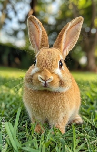 Cute rabbit exploring the green grass in a sunny outdoor setting