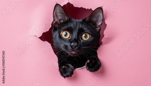 Funny black cat peeks through hole in pink paper background. Copy space. Yellow eyes. Naughty pets and mischievous domestic animals.