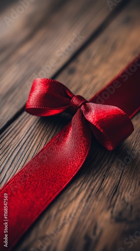 Elegant red satin ribbon on wooden surface for crafts and decoration