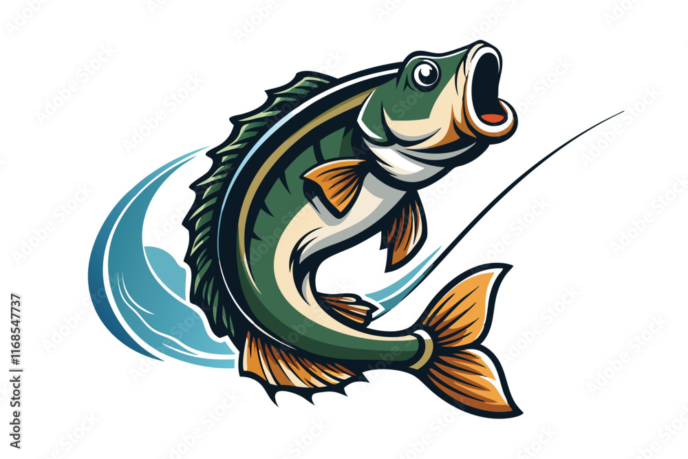 Bass fish jumping from the water with the fishing rod, t-shirt design H.eps Bass fish jumping from the water with the fishing rod, t-shirt design H.eps