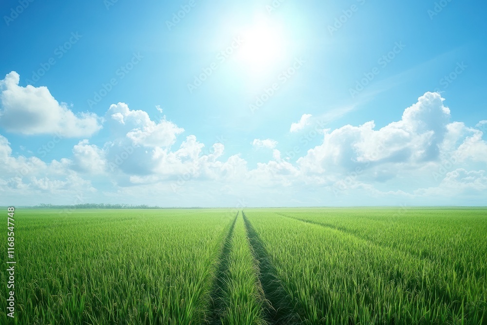 Fototapeta premium Sunny day over vast green paddy field.
