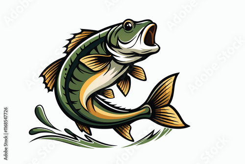 Bass fish jumping from the water with the fishing rod, t-shirt design G.eps