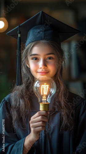 Graduation celebration with a girl holding a light bulb symbolizing bright fu...