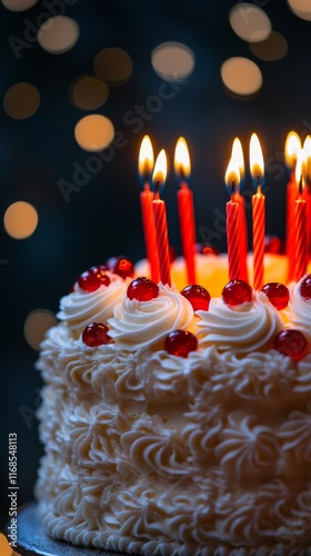 Celebrate a birthday with a beautifully decorated cake topped with lit candle...