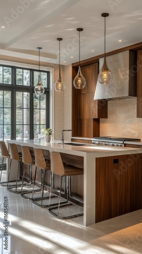 Elegant modern kitchen with wooden accents and stylish pendant lighting in a ...