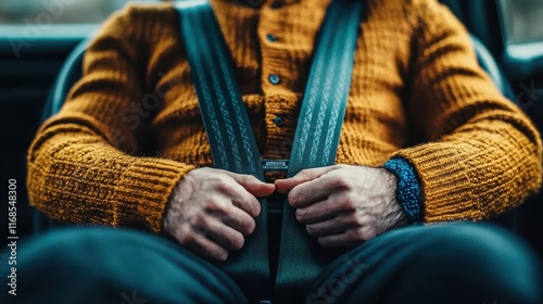 Person fastening a seatbelt while wearing a cozy orange sweater in a car setting. photo