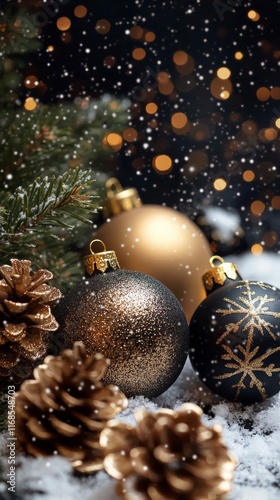 Decorative Christmas ornaments arranged among pinecones on a green background