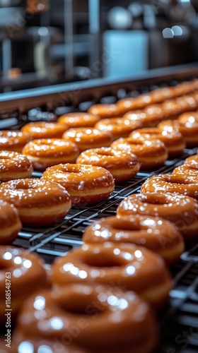 Freshly glazed donuts on conveyor belt in bakery during production process