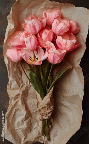 Beautiful bouquet of pink tulips wrapped in kraft paper on rustic wooden table