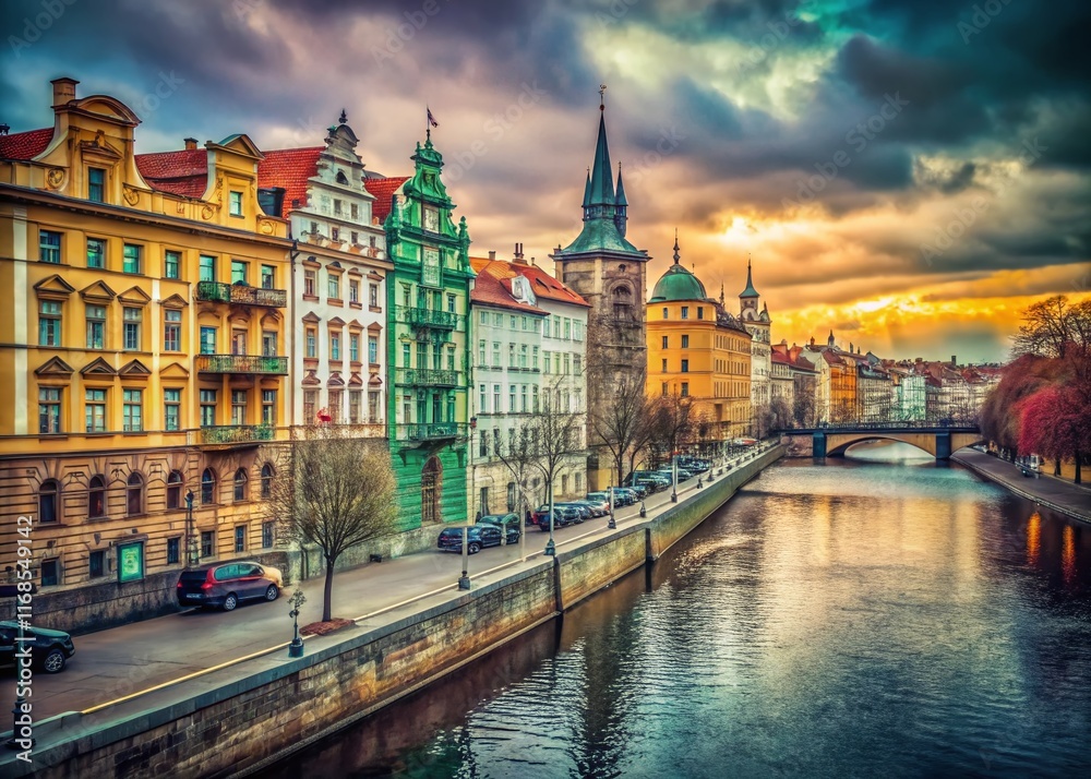 Fototapeta premium Deserted Prague Riverbank: Smetanovo Nabrezi, March 2020 - Vintage Travel Photography