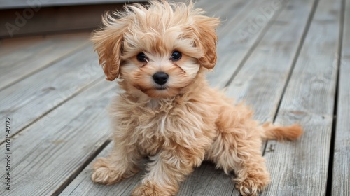 Cute fluffy puppy sitting on wooden deck in bright daylight enjoying the outd...
