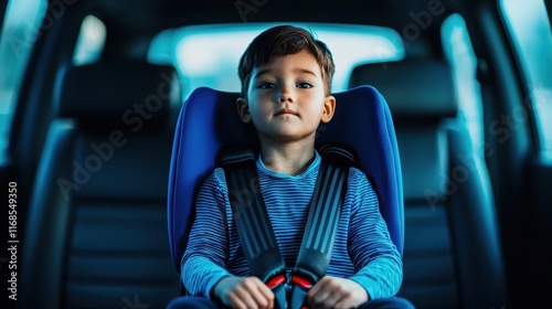 Child sitting in a car seat, looking ahead with a calm expression. photo