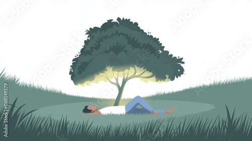 Person lying on the grass under a glowing tree, symbolizing relaxation and connection to nature on a twilight background