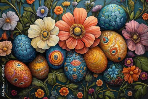 Vibrant floral arrangement with colorful decorated eggs in spring celebration...