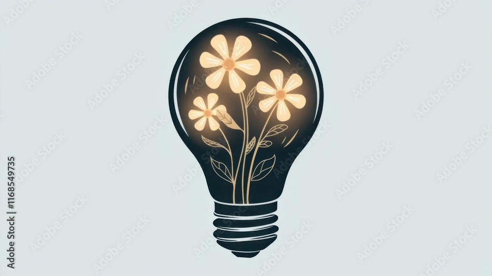 Light bulb filled with blooming flowers, symbolizing creativity and new ideas on a light gray background Light bulb filled with blooming flowers, symbolizing creativity and new ideas on a light gray background