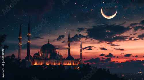 Stunning Night View of Illuminated Mosque, Crescent Moon, Starry Sky, 32k Ultra HD, Hyperrealistic Image photo