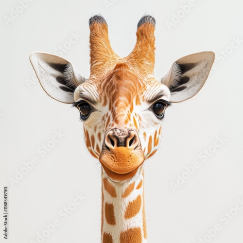Giraffe portrait showcasing its unique features against a plain background