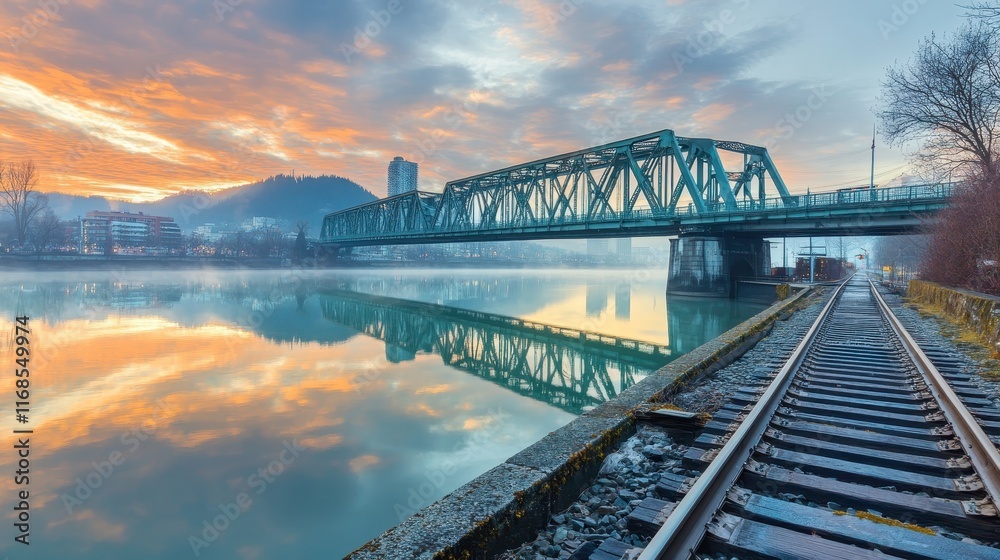 Scenic Bridge Reflection at Sunrise by the River Scenic Bridge Reflection at Sunrise by the River