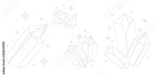 Crystal thin line set. Simple celestial gemstone magical crystal black contour symbol. Witchy.
