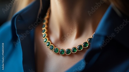 Elegant gold necklace with green gemstones showcased on a person wearing a li...