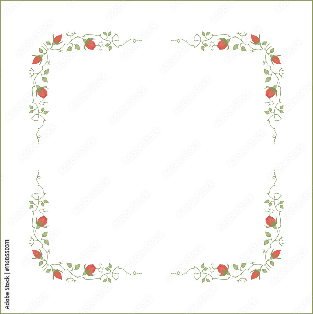 Green vegetal frame with orange rose flowers, rose thorns, climbing, decorative corners for greeting cards, banners, business cards, invitations, menus. Isolated vector illustration. Green vegetal frame with orange rose flowers, rose thorns, climbing, decorative corners for greeting cards, banners, business cards, invitations, menus. Isolated vector illustration.