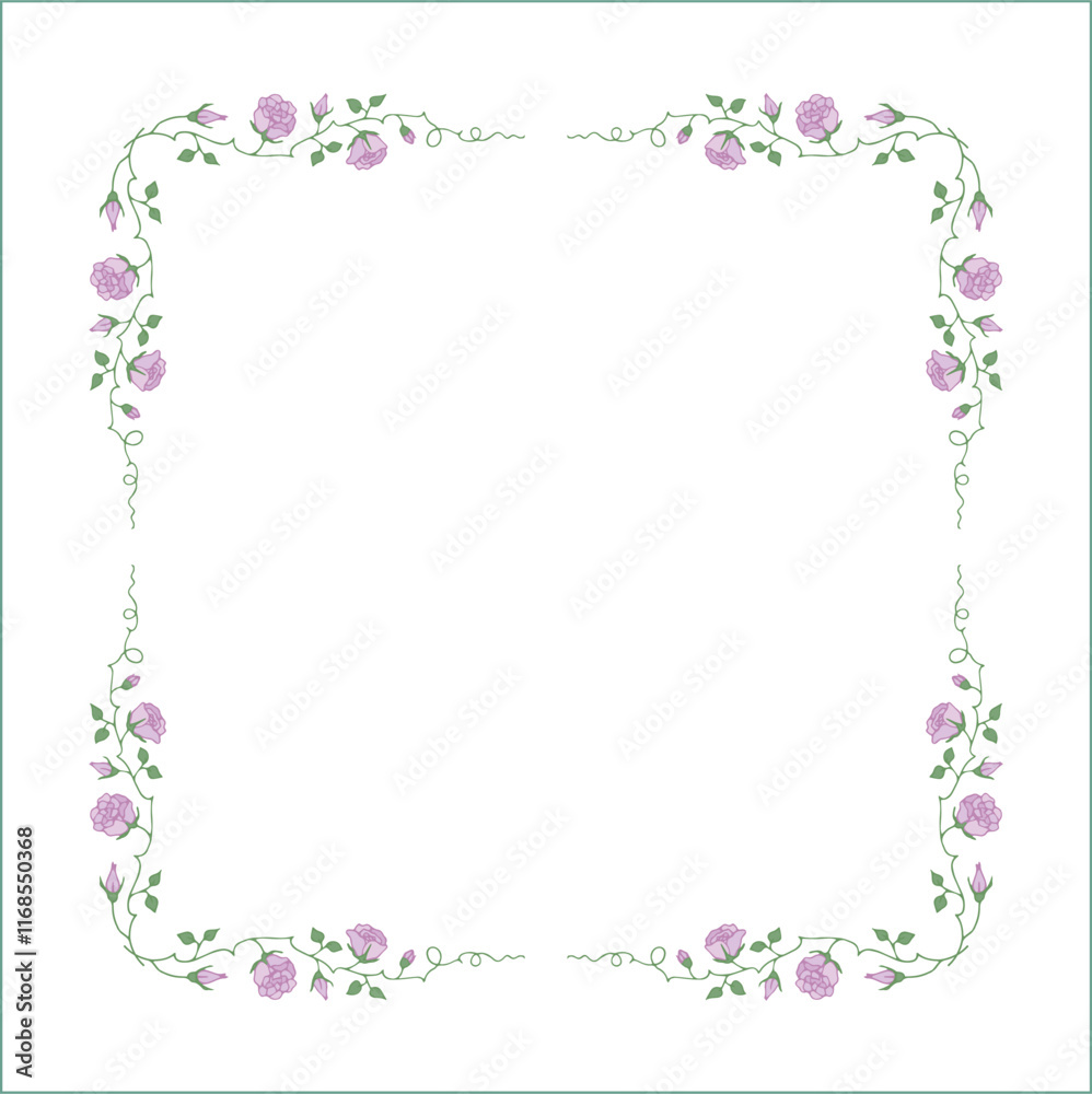 Green vegetal frame with light purple rose flowers, rose thorns, climbing, decorative corners for greeting cards, banners, business cards, invitations, menus. Isolated vector illustration. Green vegetal frame with light purple rose flowers, rose thorns, climbing, decorative corners for greeting cards, banners, business cards, invitations, menus. Isolated vector illustration.