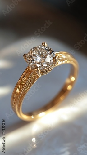 Elegant gold ring with a diamond centerpiece on a soft background in a luxury...