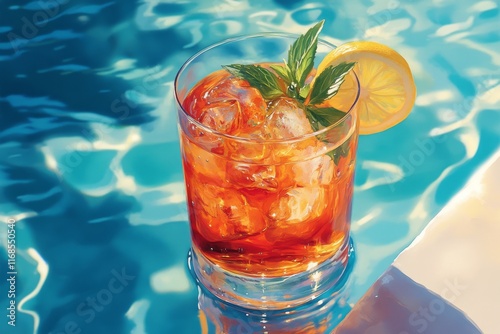 Refreshing summer cocktail with ice and lemon slices in sparkling blue water