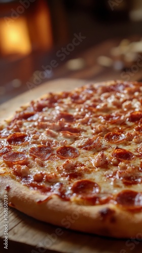 Delicious cheese pizza on wooden board in cozy kitchen with warm lighting and...