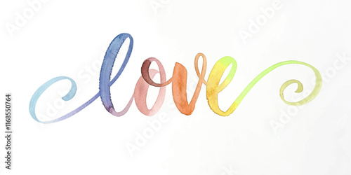 Colorful watercolor lettering, artistic love design, vibrant swirls, romantic decor, creative expression, modern typography.