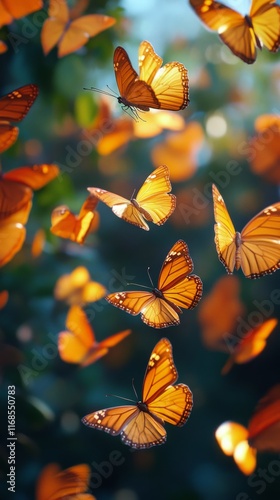 Swarm of vibrant orange butterflies fluttering through a lush garden during a...
