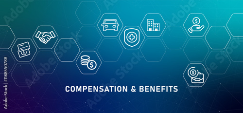 Compensation and benefits gradient header company work receive by employee reward earnings salary protection insurance payroll healthcare perks and rewards bonuses