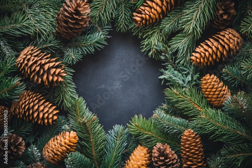 Pinecones nestled in evergreen branches create a natural wreath for holiday d...