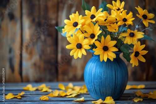 Bright yellow sunflowers in a blue vase by a window creating a warm and invit...