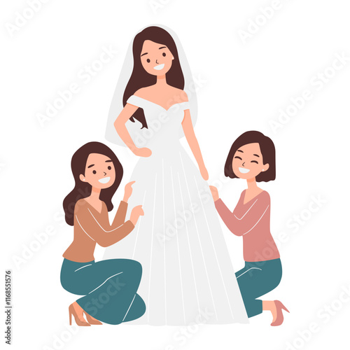 Bride with Friends Preparing Wedding Dress