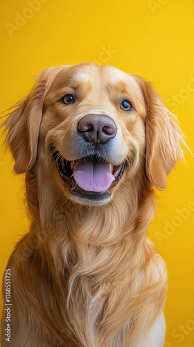 Golden retriever smiling in front of bright yellow background during sunny day