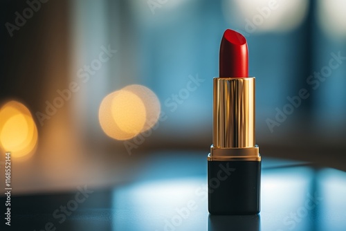 Bold red lipstick with shimmering finish captured against a blurred backgroun...
