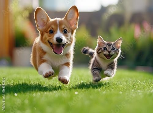A happy Corgi dog and a smiling cat running on the green grass,
