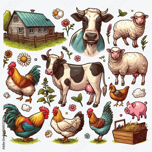 A set of farm animals cows, chickens, sheep. Rural village mammals, livestock, poultry. Digital illustration on a white background. For postcards, stickers, compositions stock illustration