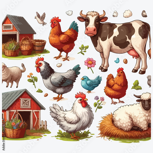 A set of farm animals cows, chickens, sheep. Rural village mammals, livestock, poultry. Digital illustration on a white background. For postcards, stickers, compositions stock illustration
